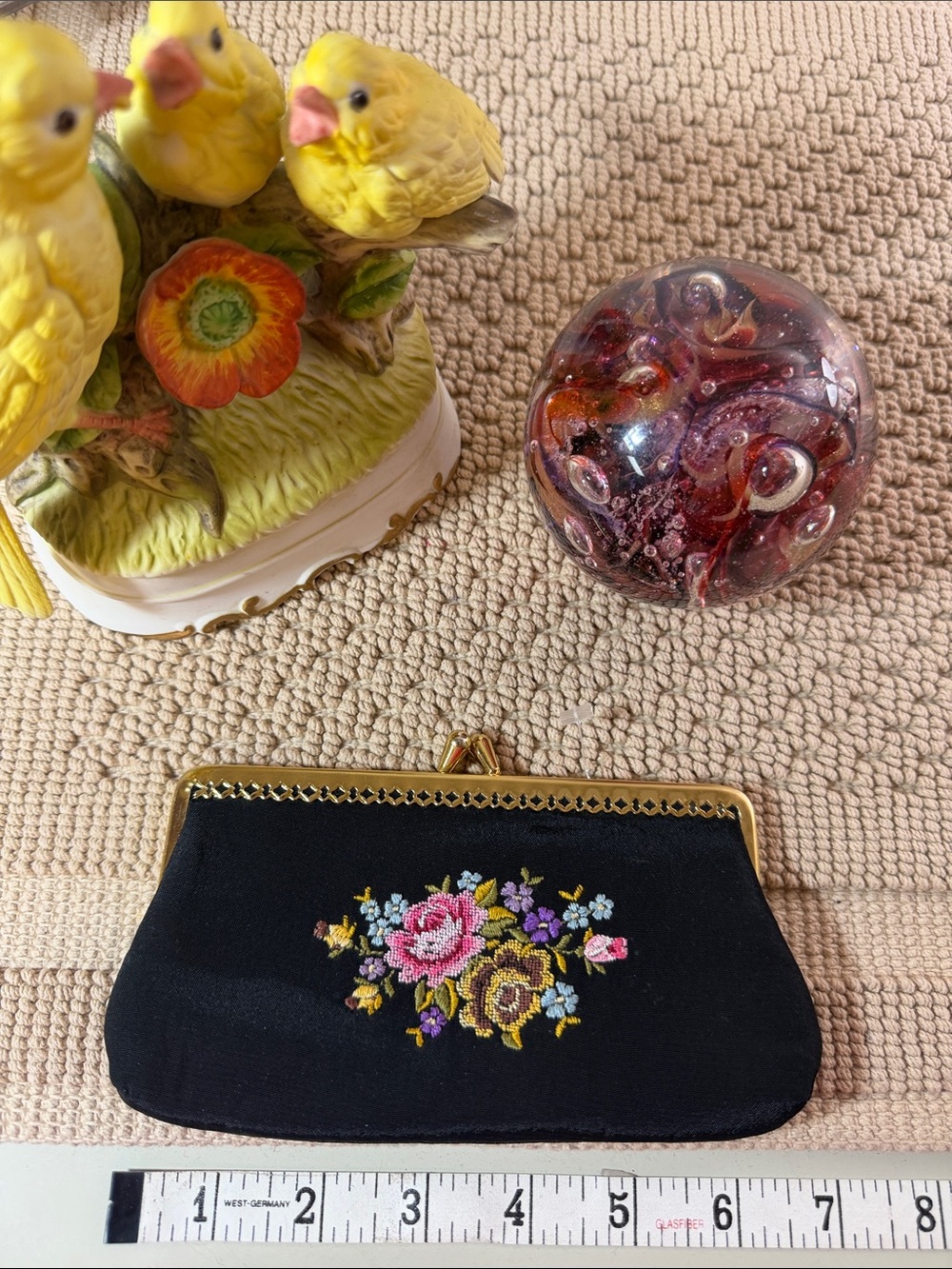 Vintage Austrian J.R. Embroidered Floral Kiss Lock Coin Purse Black Gold